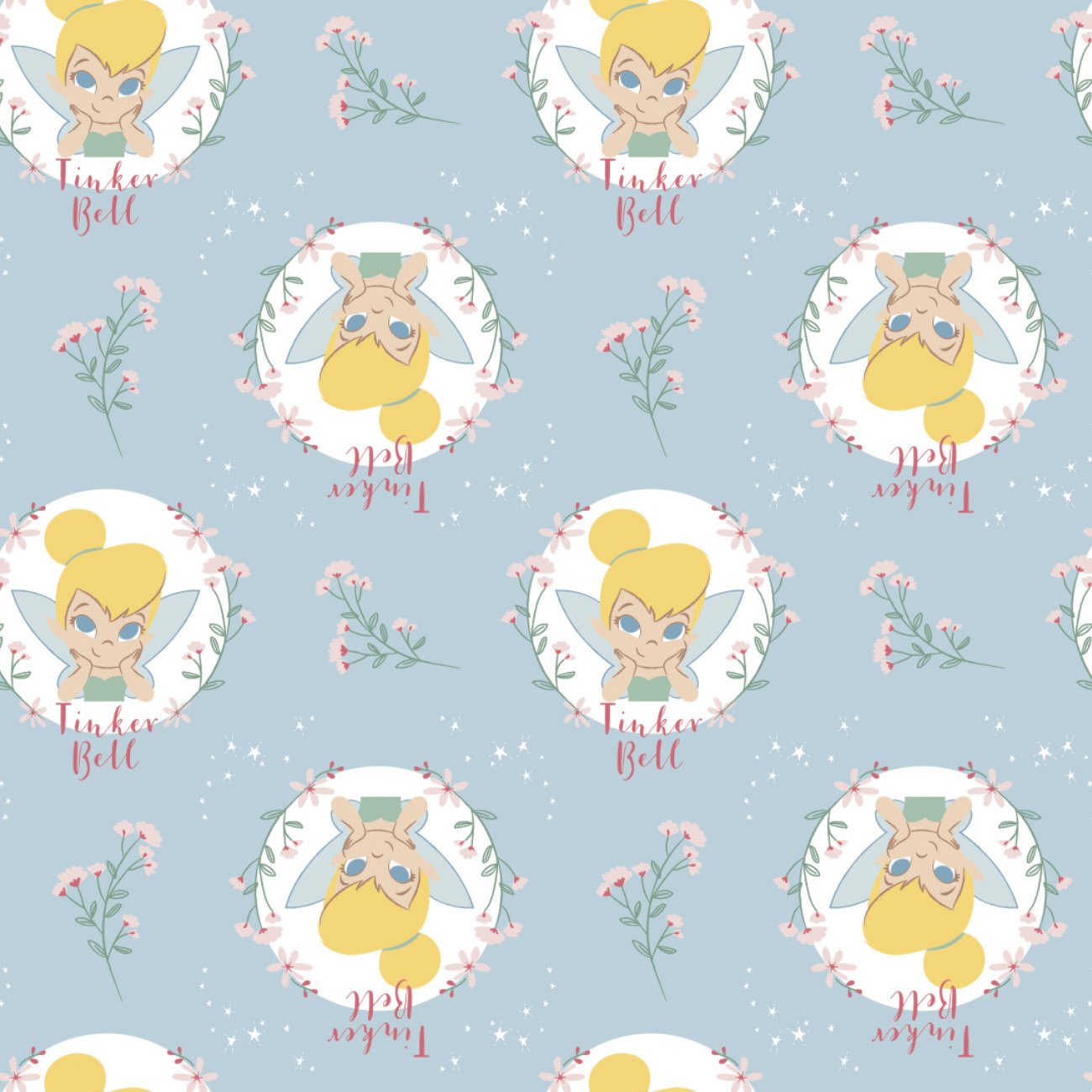 Camelot Fabrics - Peter Pan and Tinker Bell Collection - Floral Badges - Light Blue