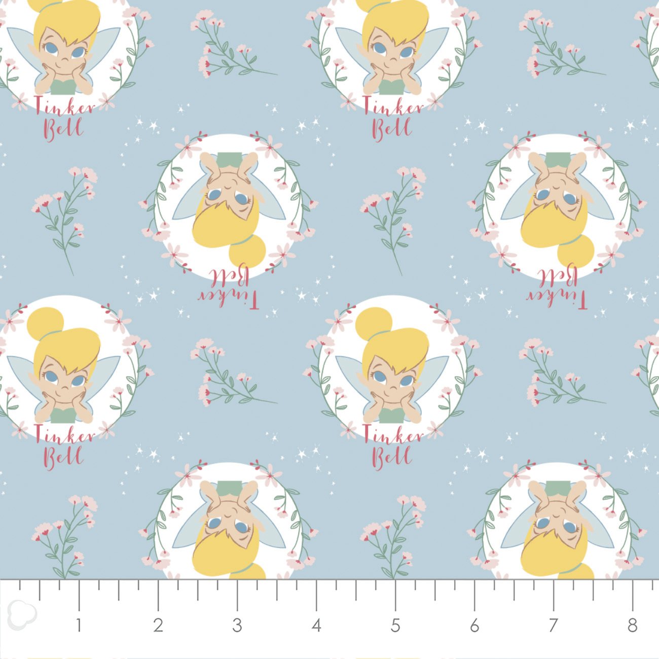 Camelot Fabrics - Peter Pan and Tinker Bell Collection - Floral Badges - Light Blue