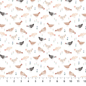 Last cut from bolt - Approx 13 " x Width of fabric - FIGO Fabrics - Wild West - Wild West Chickens White