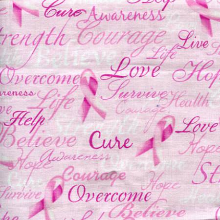Timeless Treasures - Pink Ribbon Cure Words - Priced Per Half Metre