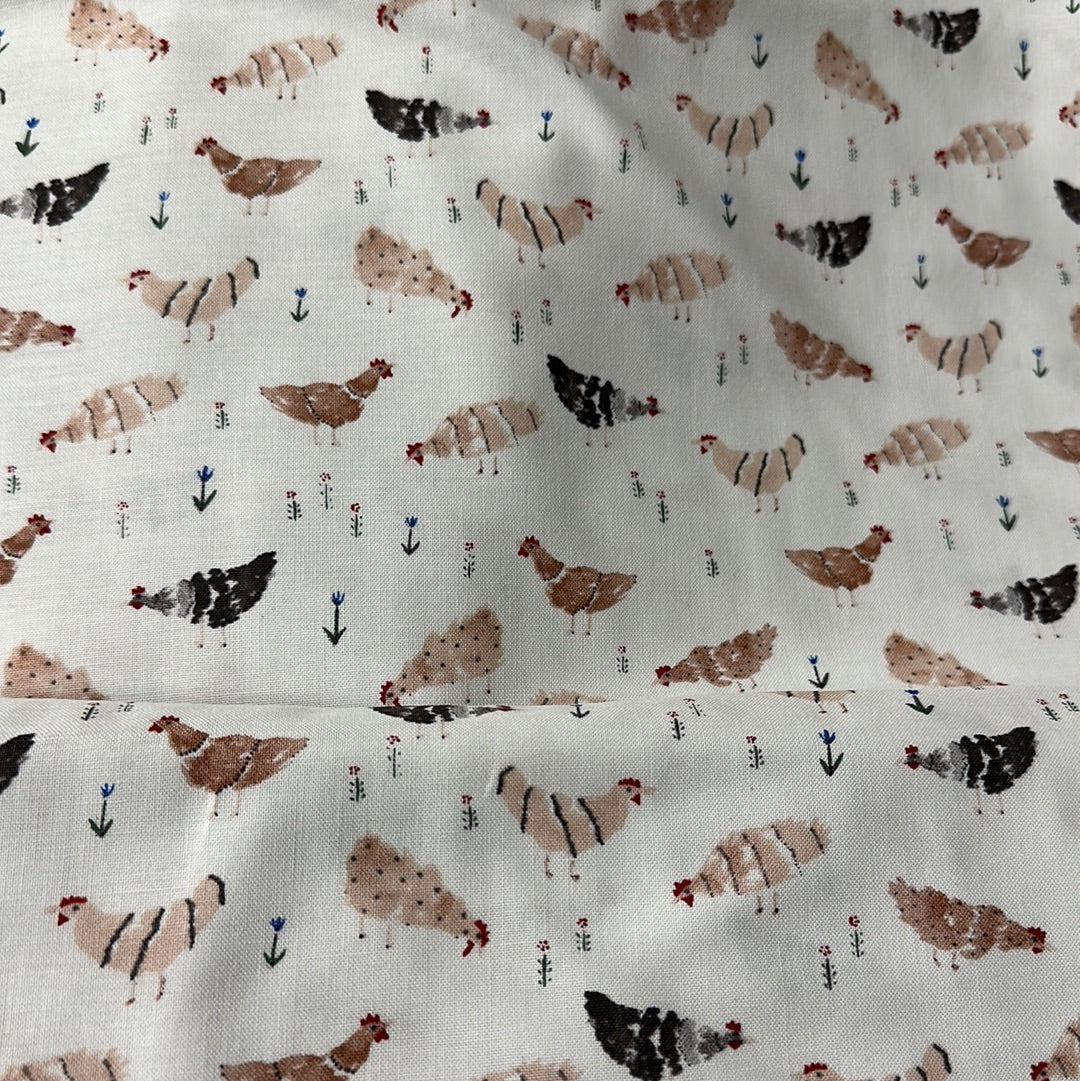 Last cut from bolt - Approx 13 " x Width of fabric - FIGO Fabrics - Wild West - Wild West Chickens White