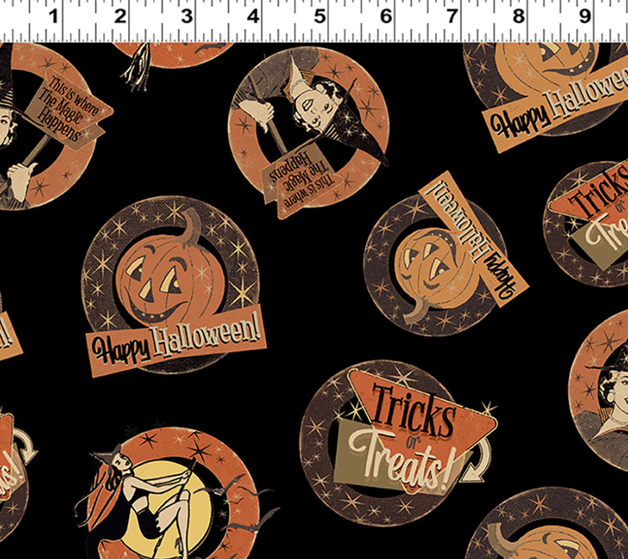 Last cut from bolt - Approx 24" x width of fabric - Clothworks - Retro Halloween  - Medallions - Black
