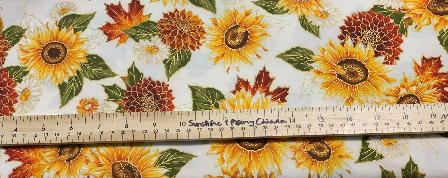 Last cut from bolt - approx 19.5" x Width of fabric - Robert Kaufman - Autumn Bouquet Vintage Sunflowers Metallic on Cream