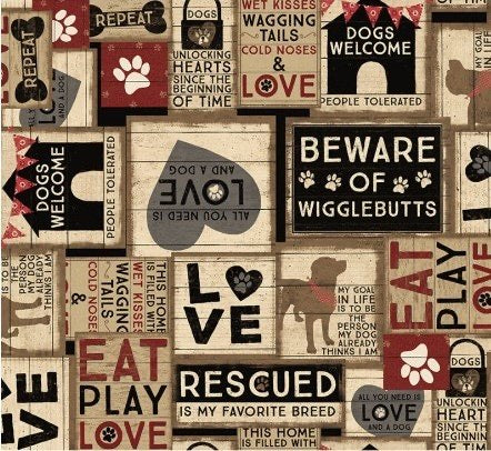 Last cut from bolt - approx 11" x Width of fabric - Wigglebutts - Cute Phrases related to Dog ownership and Dog Love - Light Khaki Collage