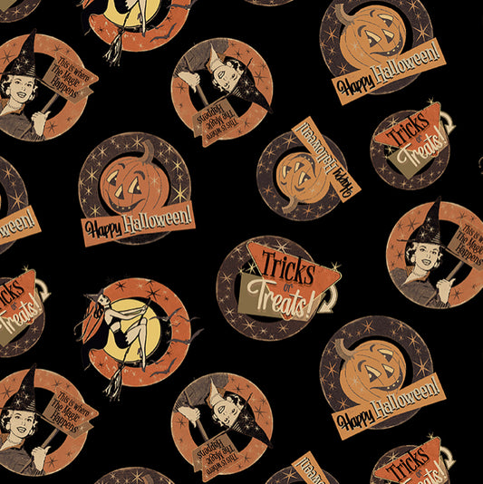 Last cut from bolt - Approx 24" x width of fabric - Clothworks - Retro Halloween  - Medallions - Black