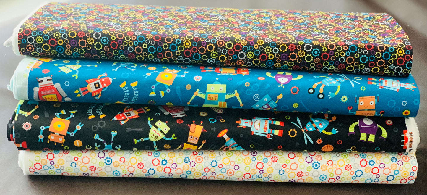 Northcott Fabrics -  Rollicking Robots - Colorful Gears - White