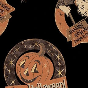 Last cut from bolt - Approx 24" x width of fabric - Clothworks - Retro Halloween  - Medallions - Black