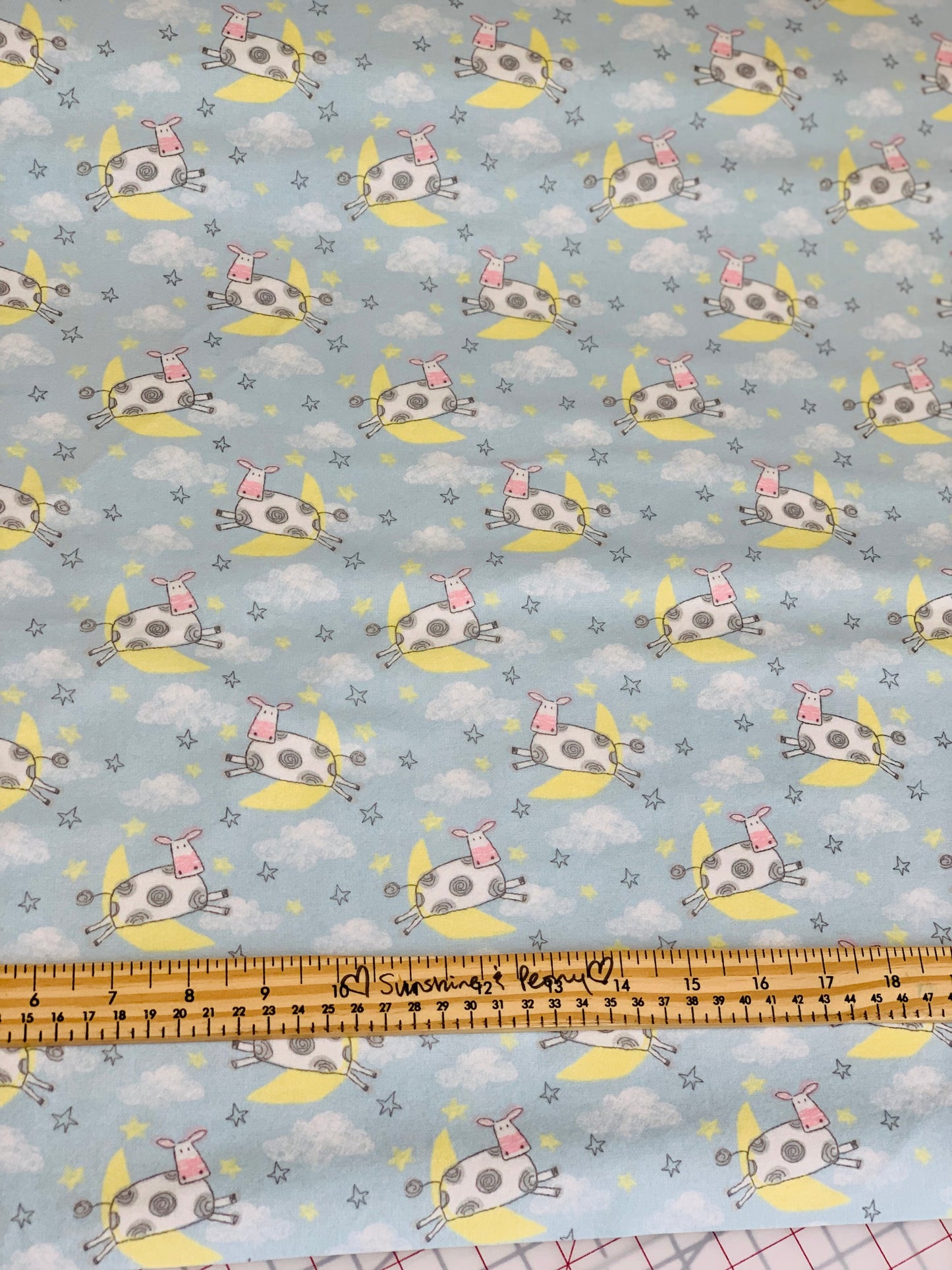 Back in stock - Flannel - Comfy Flannel - Blue Cow Jumping Over the Moon - Priced by the half Metre