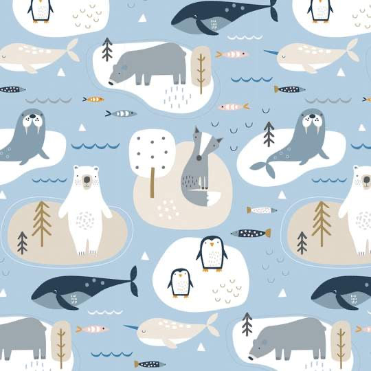 Last cut from bolt - approx 15” x width of fabric - Dashwood Studio - Habitat - Polar Animals - Light Blue