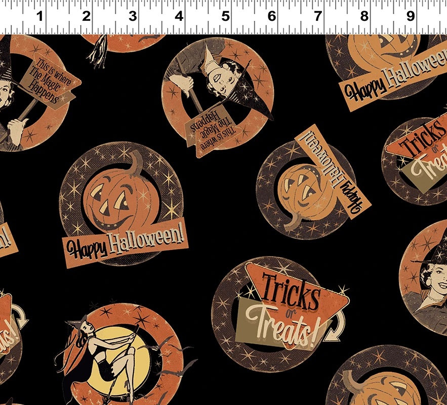 Last cut from bolt - Approx 24" x width of fabric - Clothworks - Retro Halloween  - Medallions - Black