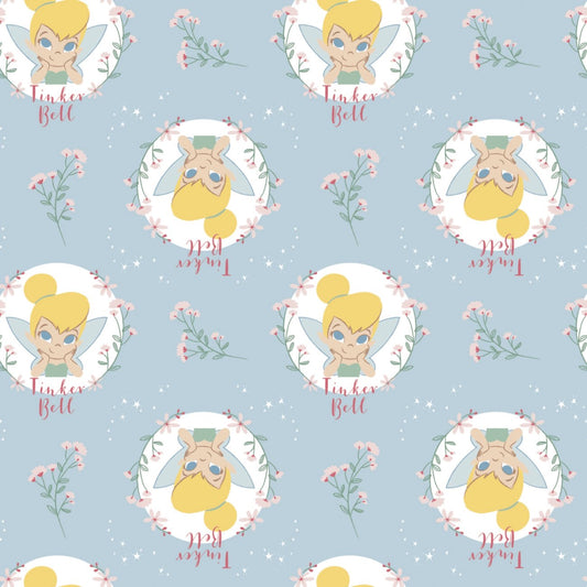 Camelot Fabrics - Peter Pan and Tinker Bell Collection - Floral Badges - Light Blue