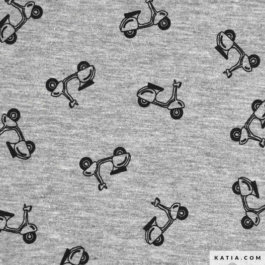Knit - Katia Fabrics -Motorino - Scooters on Grey  -  Jersey - Priced by the Half Metre