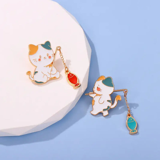 Enamel Pin  - Cute Kitty with dangling fish