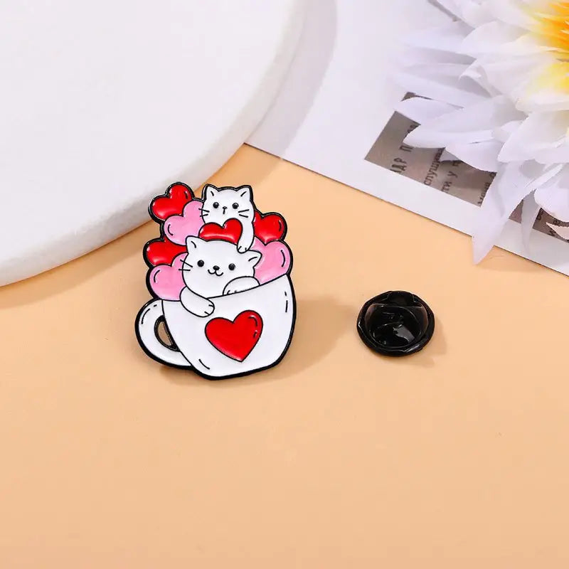 Enamel Pins - White Cats in a Mug with Red and Pink Hearts