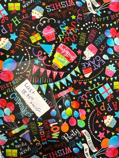 Last 18.75” x width of fabric - Timeless Treasures -  Party Animal Collection - Happy Birthday Wishes - Black