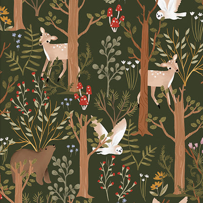 3 Wishes Fabric - Cozy Forest - Whimsical Woods Green - Green