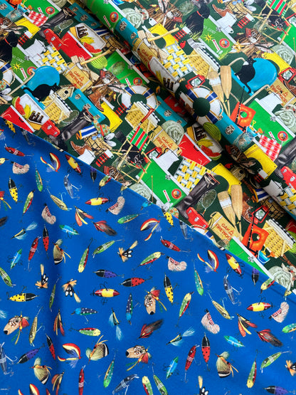 Robert Kaufman Fabrics - Lake House by Mary Lake Thompson for Robert Kaufman - Lagoon Fly Toss - Lures on Blue - Priced per half metre