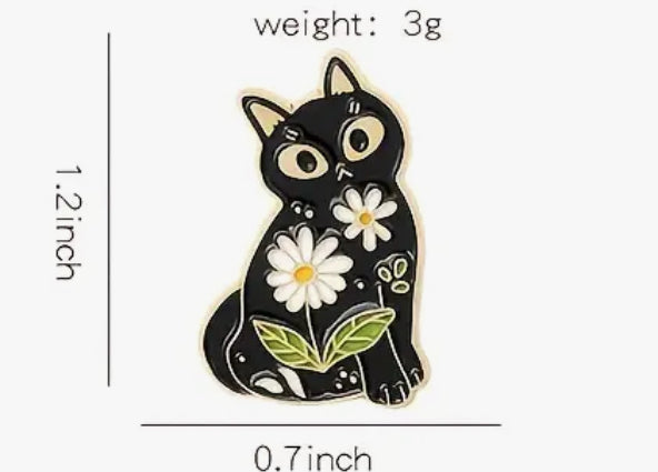 Épingle en émail - Chat noir floral