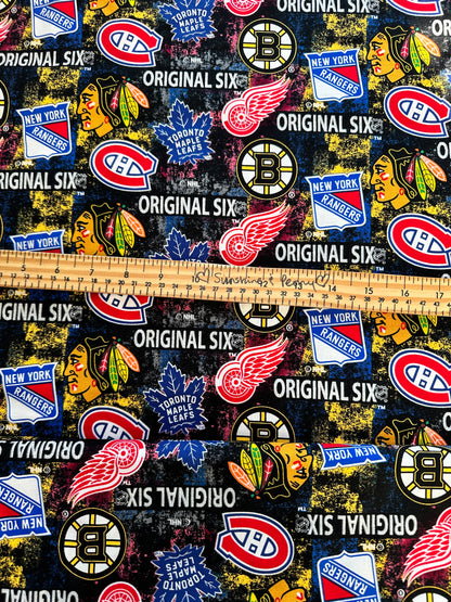 NHL Hockey - Original Six Distressed Tossed Logo Allover Cotton - Per Half Metre