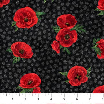 Northcott Fabrics - Oh Canada 11 - Stonehenge - Coquelicots sur noir