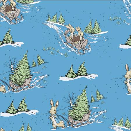 Peter Rabbit-  Sledding - Digital print - Blue - Priced by Half Metre
