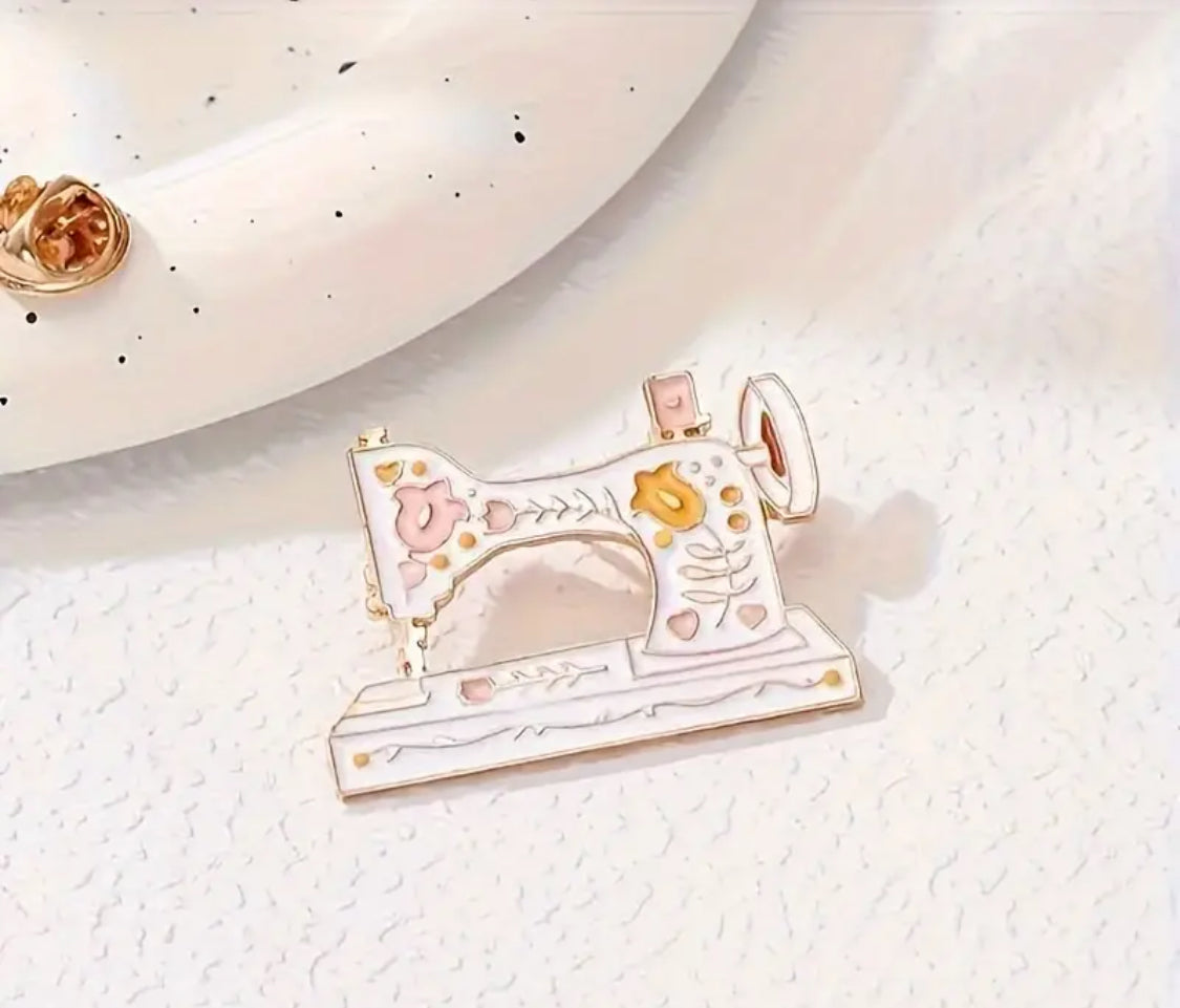 Enamel Sewing Machine Brooch / Pin - white and gold with Floral