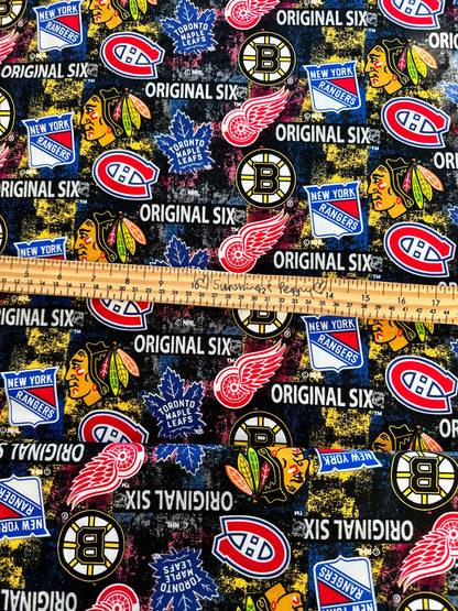 NHL Hockey - Original Six Distressed Tossed Logo Allover Cotton - Per Half Metre