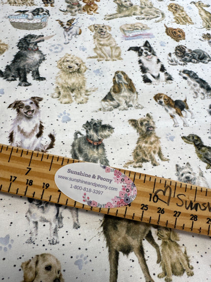 Tossed Dogs on white part of the Whiskers & Paws by Hannah Dale Collection-  Hannah Dale for Maywood Studio - sold by the half metre