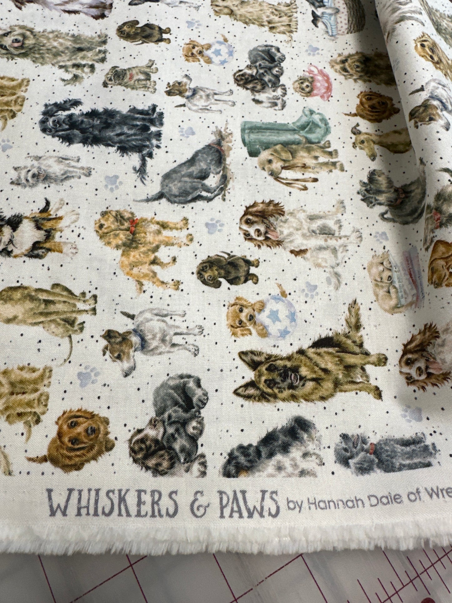 Arrived - Tossed Dogs on white part of the Whiskers & Paws by Hannah Dale Collection-  Hannah Dale for Maywood Studio - sold by the half metre