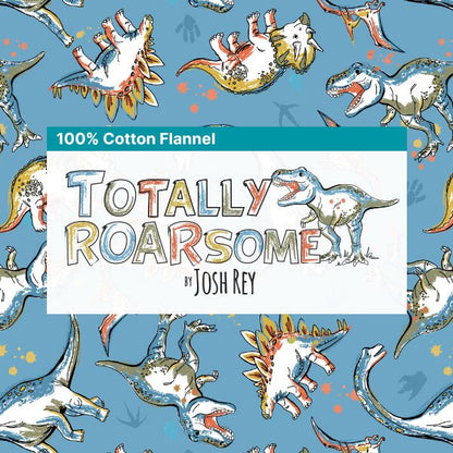 Flannel - 3 Wishes - Totally Roarsome Flannel by Josh Rey Collection  - Blue Roarsome Dinos - Blue - Priced by the Half Metre