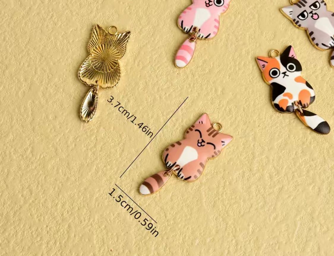 Enamel Cat Charms with Dangling Tails