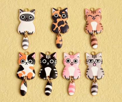 Enamel Cat Charms with Dangling Tails