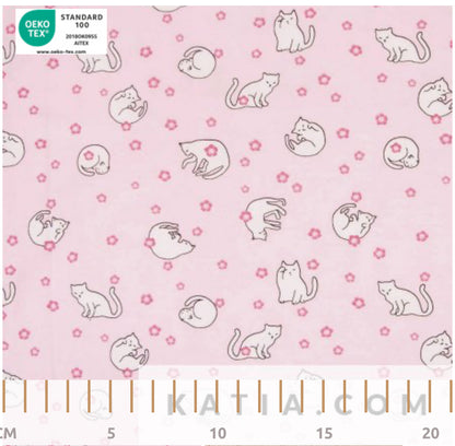 Tricot - Katia Fabrics - Rose - Chats en fleurs de cerisier - Jersey - vendu au demi-mètre 