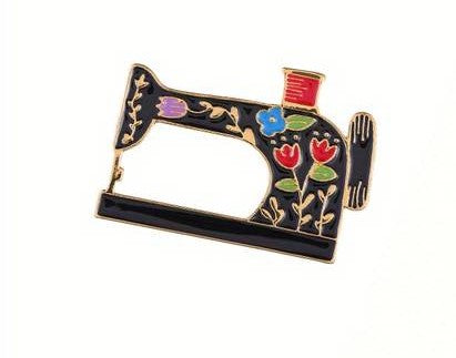 Enamel Sewing Machine Brooch / Pin - Black with Floral