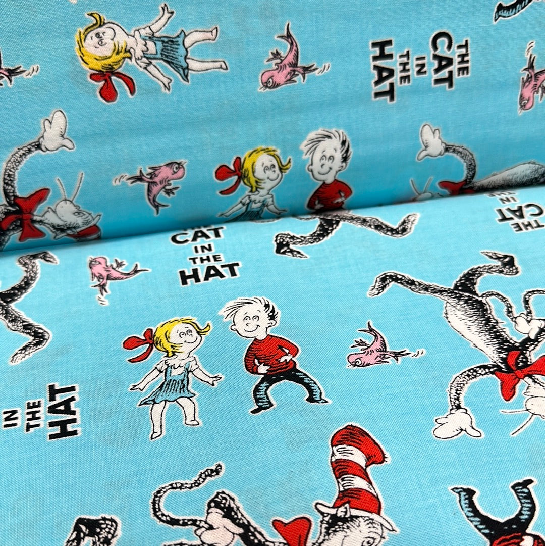 Last cut from bolt - 16" x width of fabric - Dr. Seuss - The Cat in the Hat  Aqua - by Robert Kaufman