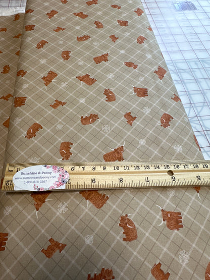 Highland cow on natural celtic check - Part of the Lewis & Irene small things Celtic Collection -  Sold and priced by the Half Metre