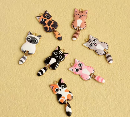 Enamel Cat Charms with Dangling Tails