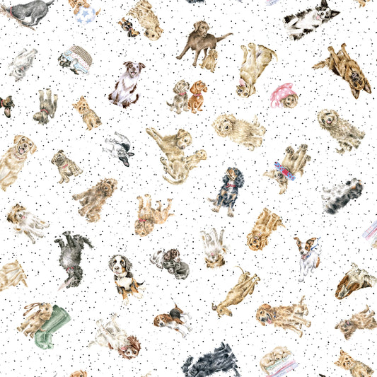 Tossed Dogs on white part of the Whiskers & Paws by Hannah Dale Collection-  Hannah Dale for Maywood Studio - sold by the half metre