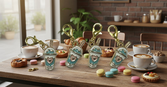 Four gold charms shaped like coffee cups on a black background