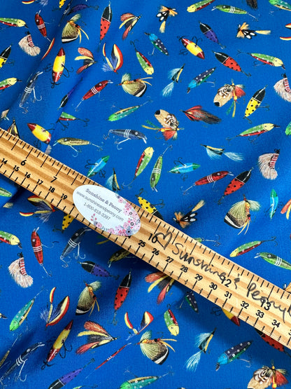 Robert Kaufman Fabrics - Lake House by Mary Lake Thompson for Robert Kaufman - Lagoon Fly Toss - Lures on Blue - Priced per half metre