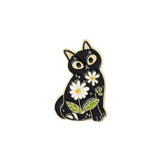 Épingle en émail - Chat noir floral