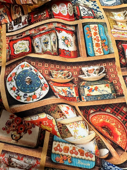 Library of Rarities - ANTIQUE - Vintage China - Plates and Cups on a wooden cabinet - Robert Kaufman - Priced per half metre