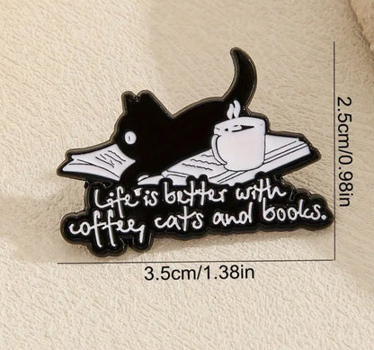 Enamel Pin  - Life is better with coffee, cats and books