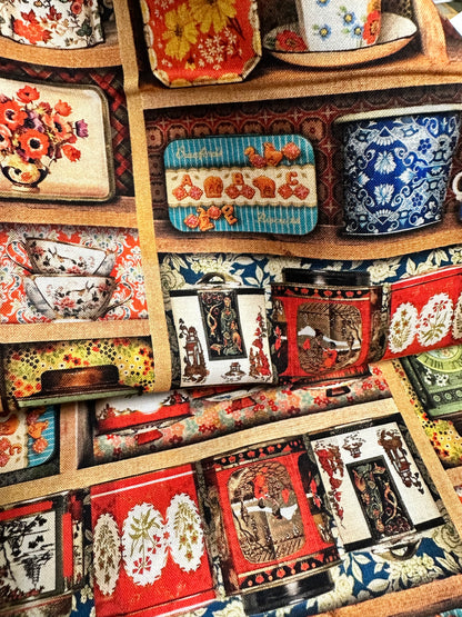 Library of Rarities - ANTIQUE - Vintage China - Plates and Cups on a wooden cabinet - Robert Kaufman - Priced per half metre