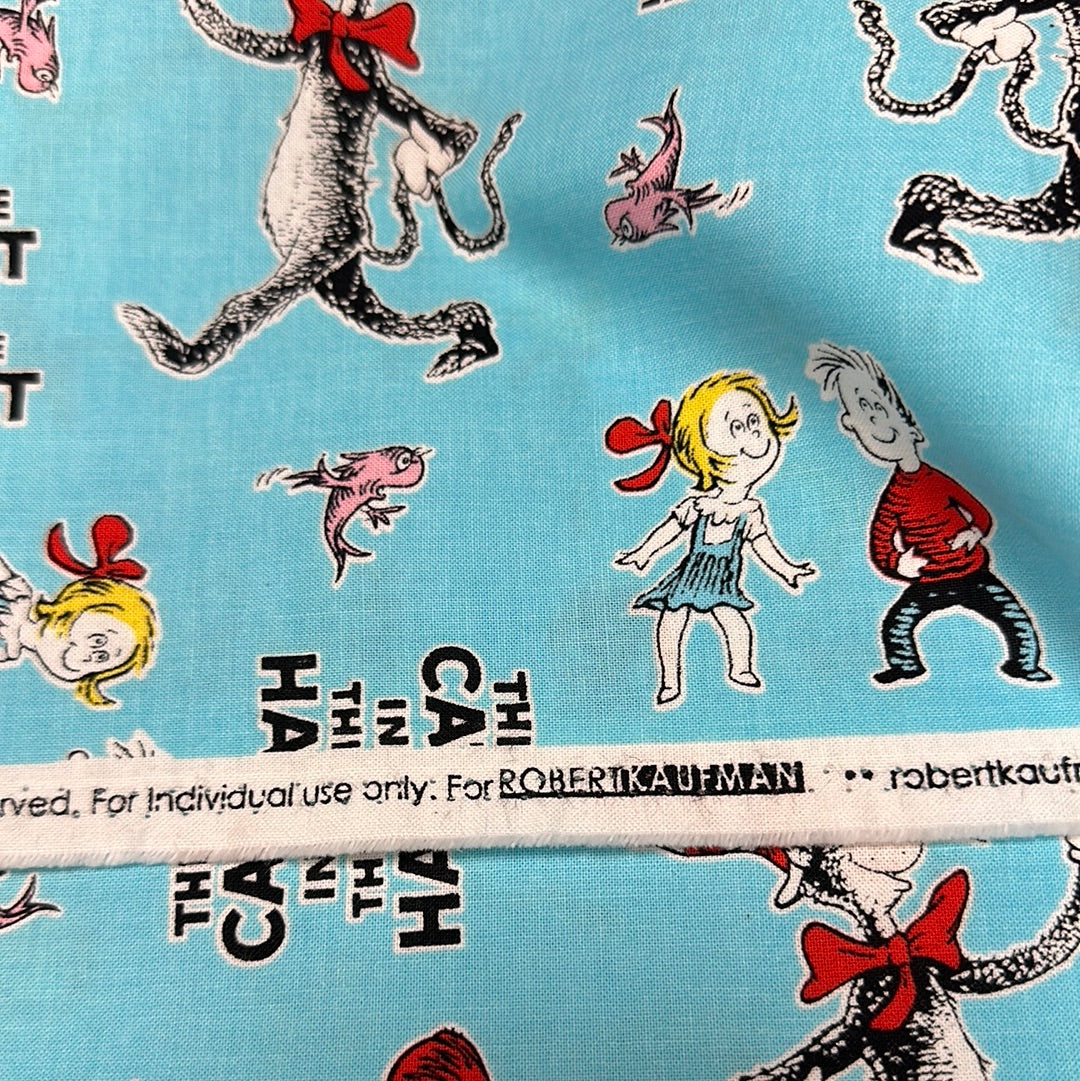 Last cut from bolt - 16" x width of fabric - Dr. Seuss - The Cat in the Hat  Aqua - by Robert Kaufman