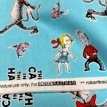 Last cut from bolt - 16" x width of fabric - Dr. Seuss - The Cat in the Hat  Aqua - by Robert Kaufman