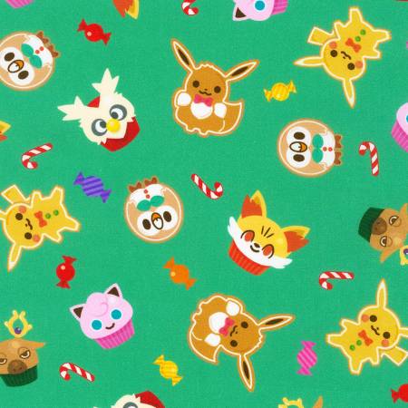 Pokémon - Holiday Pikachu and Friends - Green  - Robert Kaufman Fabrics