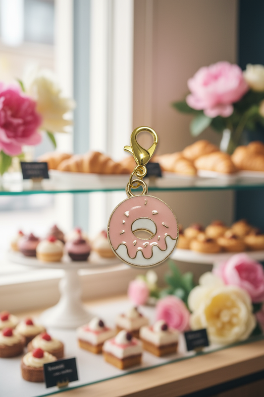 Stitch Marker / Zipper pull - Charm - Little glazed pink and white donut