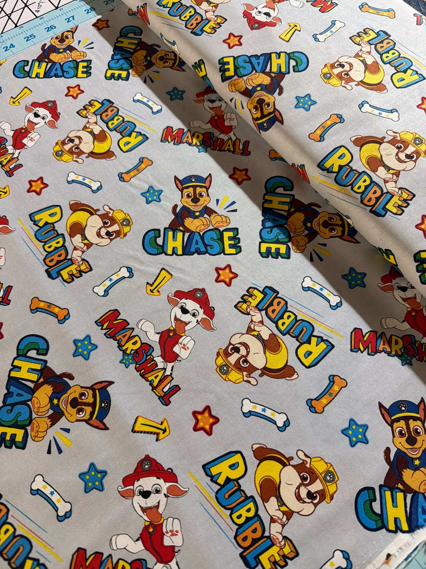 Paw Patrol - Chase, Marshall and Rubble - Grey - Priced per half Metre