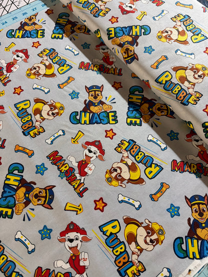 Paw Patrol - Chase, Marshall and Rubble - Grey - Priced per half Metre